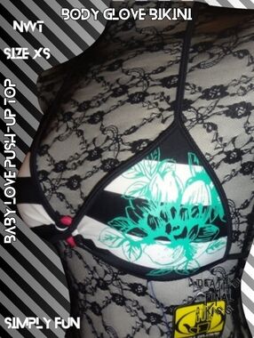 Body Glove Baby Love Padded Push Up Black White Teal Striped Floral Bikini Top